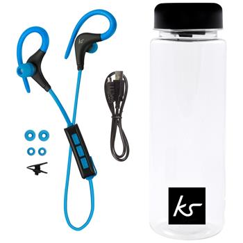Pack sportovních bezdrátových sluchátek KITSOUND RACE s láhví na vodu, modrá