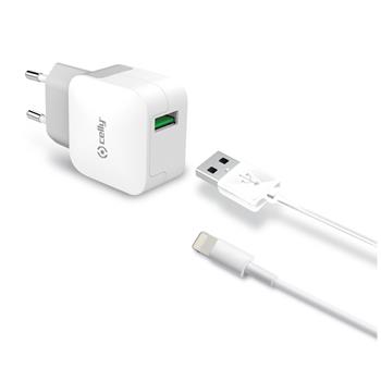 Set CELLY Turbo Travel USB Charger and Lightning Cable, 2.4A, White