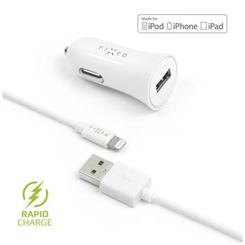 FIXED USB Car Charger 12W+ USB/Lightning Cable, white