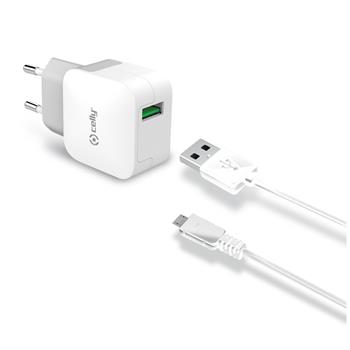Set of CELLY Turbo Travel USB Chargers and MicroUSB Cable, 2.4A, White
