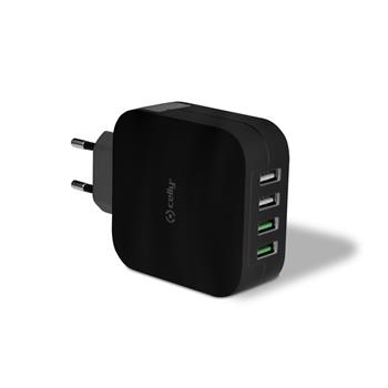Travel charger CELLY TURBO with 4 x USB output, 4,8 A, black