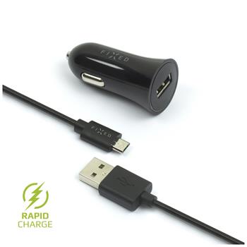 Súprava nabíjačky do auta FIXED z výstup USB a kábel USB/micro USB, 1 meter, 12 W, čierna