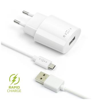 FIXED USB Travel Charger 12W + USB/micro USB Cable, white