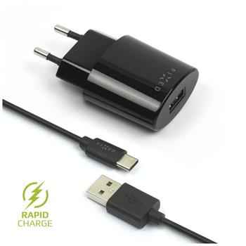 SET FIXED Netzteil mit USB-Ausgang und USB/USB-C-Kabel, 1 Meter, 12 W, schwarz