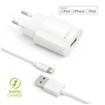 FIXED USB Travel Charger 12W + USB/Lightning Cable, white
