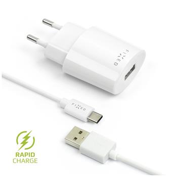 FIXED USB Travel Charger 12W + USB/USB-C Cable, white