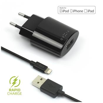 FIXED USB Travel Charger 12W + USB/Lightning Cable, black