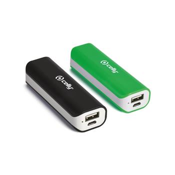 Dvě powerbanky CELLY s USB výstupem, 2200 mAh, 1 A, černá a zelená,rozbaleno