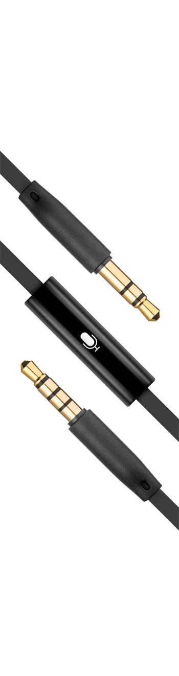 Plochý audio AUX kabel FIXED s konektory 2 x 3,5 mm jack s mikrofonem, černý