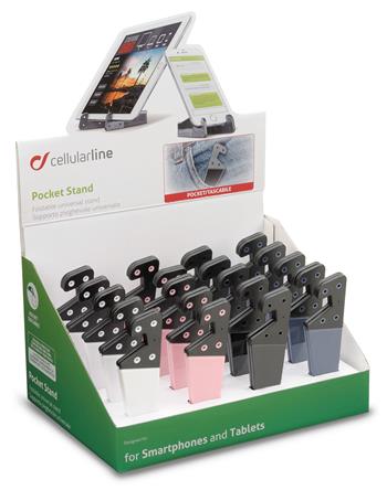 Prodejní papírový stojánek s 20 ks skládacích univerzálních stojánků mobilních telefonů, různé barvy