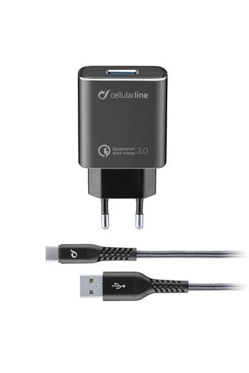 Set USB nabíjačky a odolného USB-C kábla CellularLine Tetra Force 18W, Qualcomm® Quick Charge 3.0, čierna