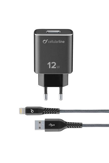 Set USB Charger and Durable Lightning Cable Cellularline Tetra Force 12W, MFI Certified, Black