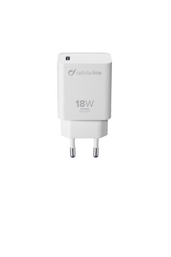 Cellularline mains charger with USB-C connector, Power Delivery (PD), 18 W, white