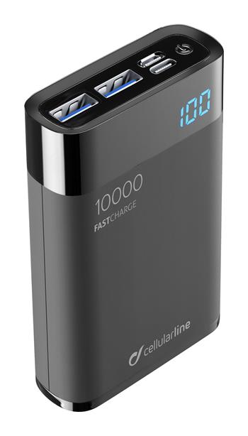 % 0Kompakte Powerbank Cellularline FreePower Manta HD 10000mAh, Smartphone-Erkennung, USB-C + 2xUSB-Anschluss, schwarz