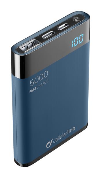 Kompaktní powerbanka Cellularline FreePower Manta HD, 5000 mAh, USB-C + USB port, rychlé nabíjení, modrá