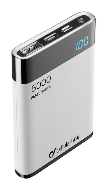% 0Kompakte Powerbank Cellularline FreePower Manta HD, 5000 mAh, USB-C + USB-Anschluss, Schnellladung, weiß