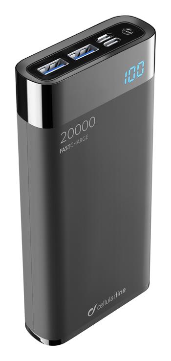 Kompaktní PowerBank CellularLine FreePower Manta HD 20000mAh, Smartphone Detect, USB-C + 2xUSB port, čierna