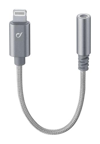Extra odolný adaptér Cellularline Music Enabler z konektora Lightning na 3,5 mm jack, MFI certifikácia, sivý
