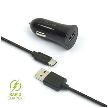 Set autonabíječky FIXED s USB výstupem a USB/USB-C kabelu, 1 metr, 12W, černá,rozbaleno