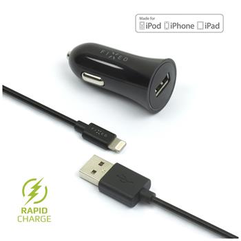 Set autonabíječky FIXED s USB výstupem a USB/Lightning kabelu, 1 metr, MFI certifikace, 12W, černá,rozbaleno